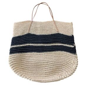 BujiBaja Black and Cream Woven Bag Leather Handle Tote New